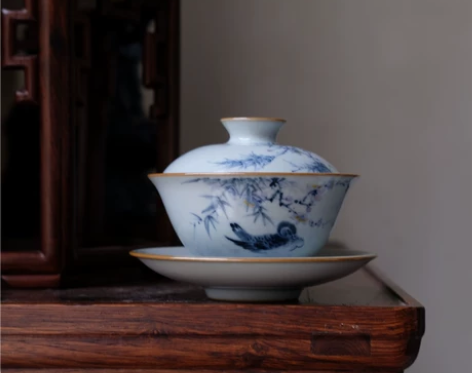 文心素器，蒲石，柴窑盖碗。巅峰作品。 春江...