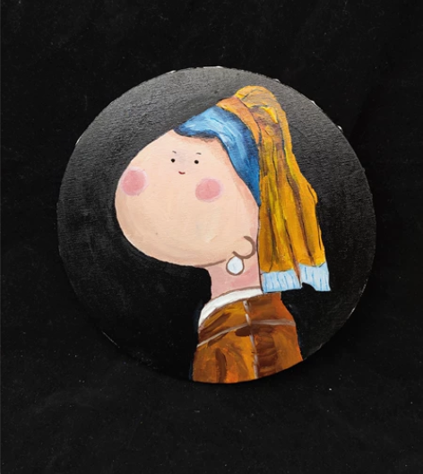 戴珍珠耳环的少女丙烯画客厅装饰画萌风格可爱...