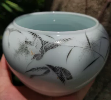 芦苇大雁归甜白釉大水洗·景德镇翎羽名家吴昆...