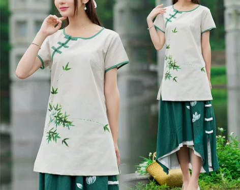 新款改良中式唐装 盘扣棉麻手绘青竹中长款…...