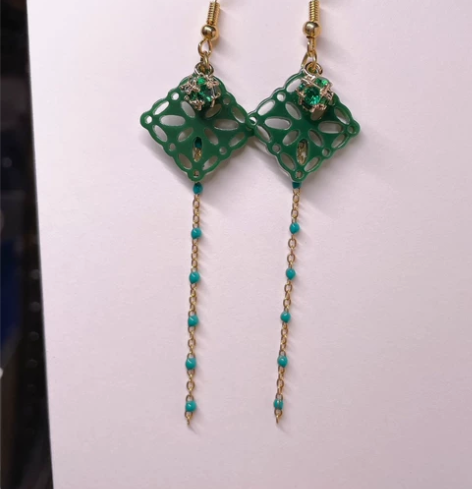 复古风 国风 配旗袍 手作绿色耳环 花窗耳...