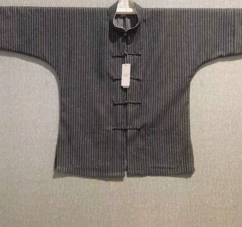 唐装男款深灰色条子纯亚麻面料传统设计连袖领...