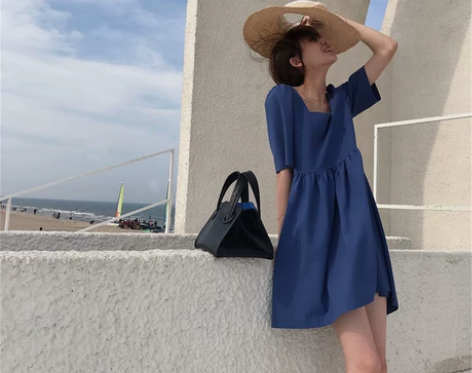 背后纽扣连衣裙女 夏季韩版chic小方领短...