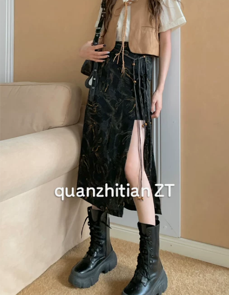 全智甜冷感晕染黑开叉绑绳半身裙2023夏