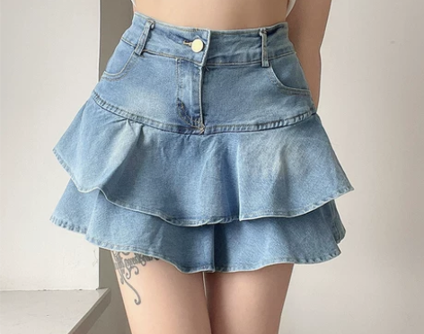 Amyway复古减龄荷叶边牛仔A字短裙高腰...