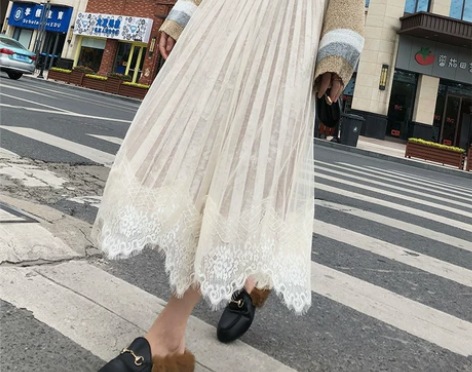 橙子家韩版高腰百褶半身裙女网纱蕾丝边拼接钻...