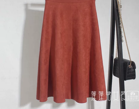 鹿皮绒大摆伞裙秋冬纯色半身裙高腰a字裙修身...