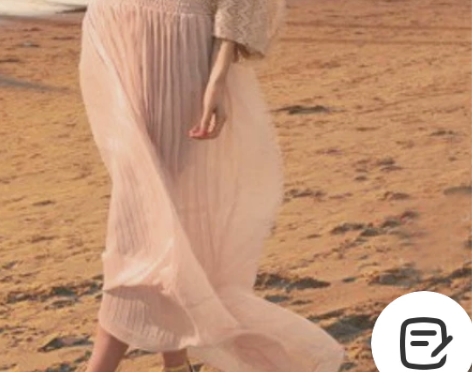 复古雪纺大摆百褶裙，女式长裙，肉粉色/裸色...