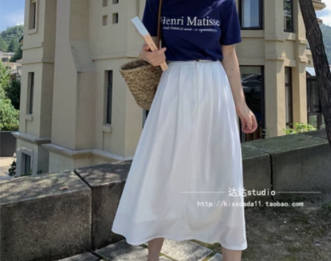 【达达】前拉链半裙/复古高腰/白色/大摆伞...
