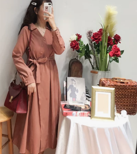 贰羊原创设计桔梗裙法式复古少女姜黄色连衣裙...