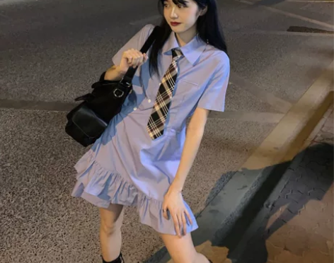 日系学院风荷叶边短袖连衣裙子女夏季小个子收...