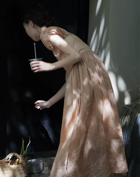 无袖吊带连衣裙苎麻棕色连衣裙女夏季法式高级...