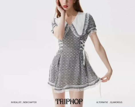 TRIPHOP 千鸟格连衣裙海军领学院风甜...