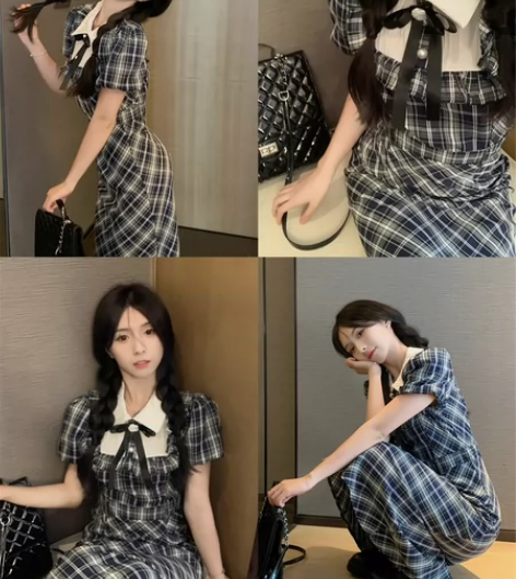 23年夏显瘦学院风收腰拼接蝴蝶结别针连衣裙...