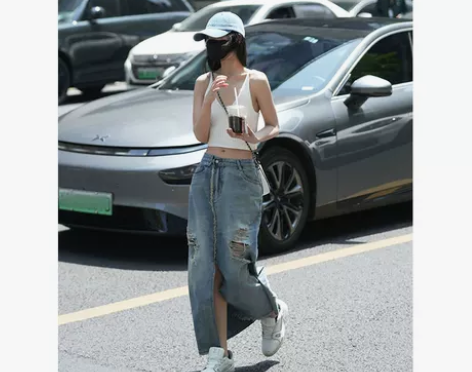 Luna7xi 复古水洗破洞牛仔半身裙女夏...