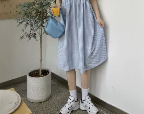 格子连衣裙夏季新款小清新田园风初恋裙宽松高...