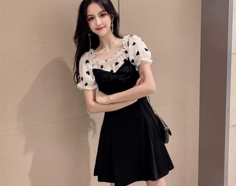 雪纺连衣裙女夏季气质a字裙短款显瘦小个子黑...