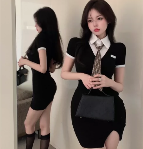 学院风短袖连衣裙女夏季假两件polo领开叉...