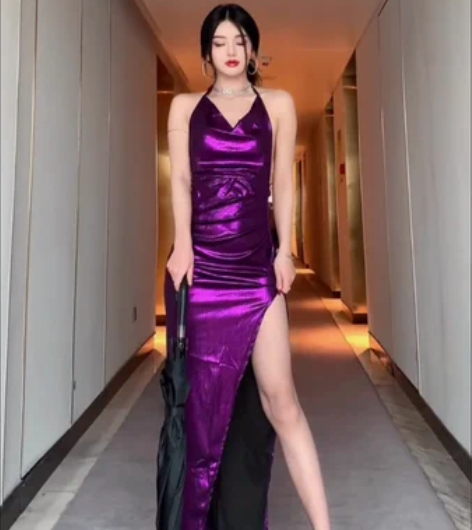 欧美辣妹风 紫色人鱼姬性感露背开叉中长裙 ...