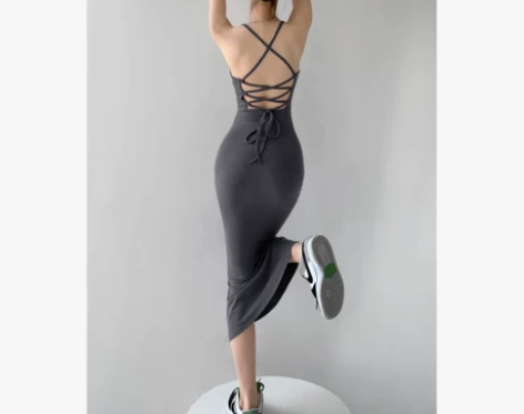 性感纯欲风镂空交叉绑带露背包臀裙女春收腰修...