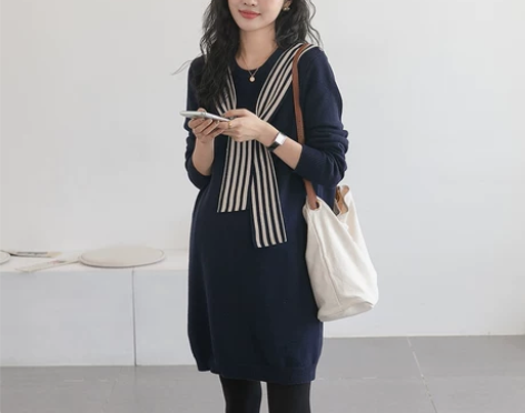 极简优雅风~孕妇装秋冬针织打底裙韩系减龄披...