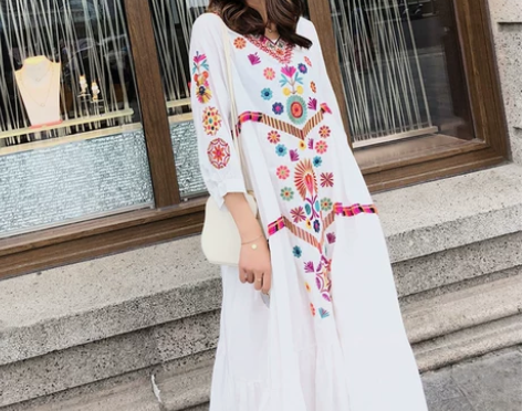 尼泊尔春夏海边度假大码沙滩裙民族风刺绣连衣...