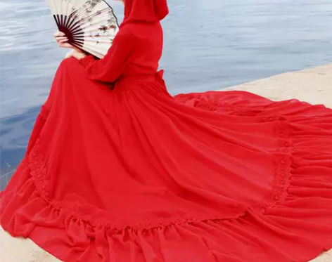 青海湖沙漠长裙子异域风情民族风红色连衣裙云...