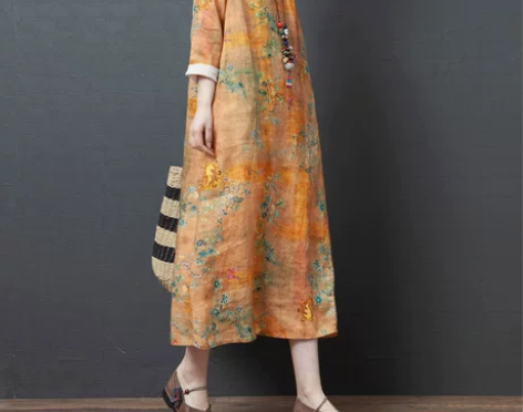 棉麻连衣裙女春秋新品宽松大码印花斜襟显瘦长...