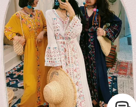 冯老板 民族风复古刺绣v领喇叭袖收腰连衣裙...