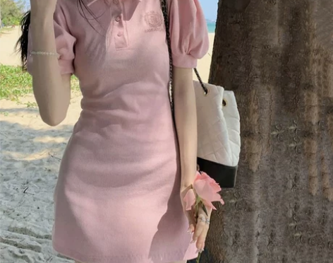 运动裙 运动t恤裙粉色Polo领连衣裙女夏...