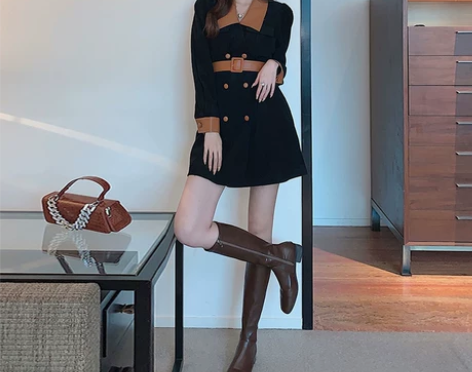 灯芯绒连衣裙法式复古港风女装高级感翻领收腰...