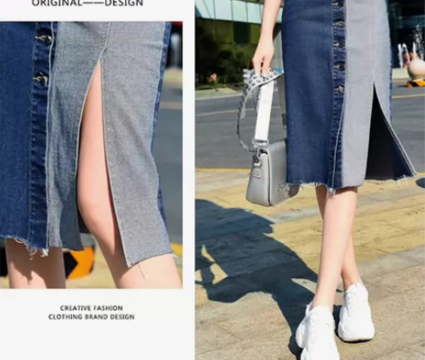 夏季气质高腰收腹牛仔裙女侧开叉半身裙大码排...