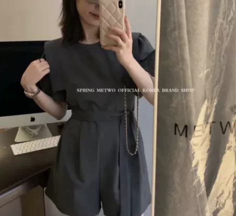 FREDOM灰色西装连体裤女夏季高级设计感...