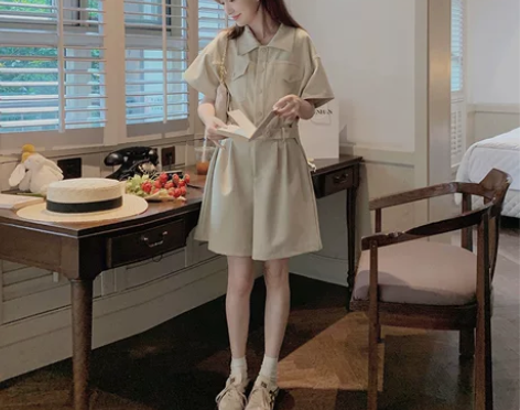 卡其色工装连体裤女2023夏季新款高腰显瘦...