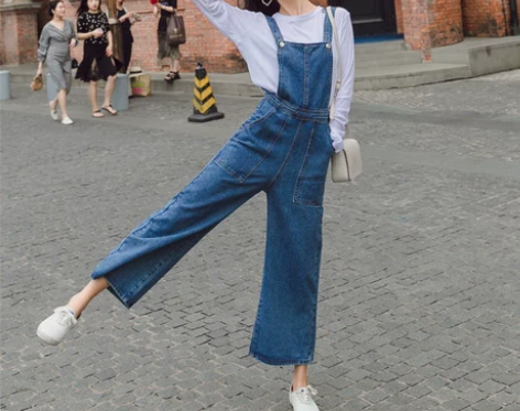 Vintage减龄背带裤牛仔女韩版阔腿牛仔...