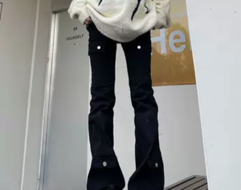 美式黑色工装牛仔裤女微喇叭高街vibe裤子...