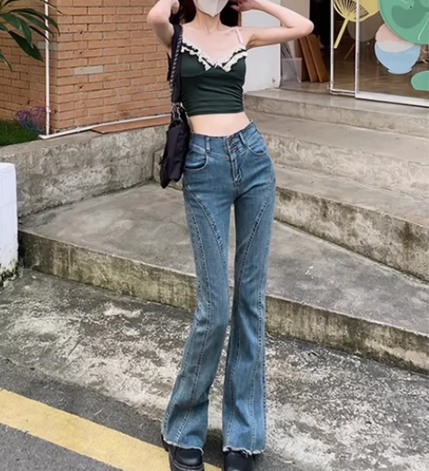 PVJ微喇叭牛仔裤女春秋2023新款高腰显...