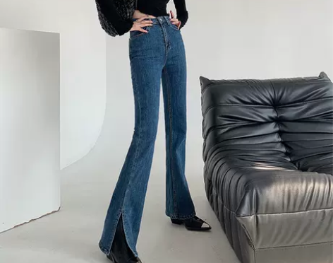 浅布调高个子加长裤高腰修身深蓝色牛仔裤开叉...