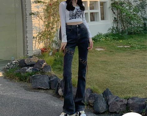 弄格烟灰色微喇chic牛仔裤女高腰设计感小...