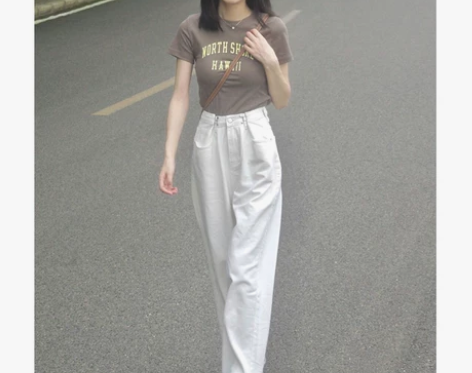 150小矮个子白色牛仔裤女145高腰阔腿直...