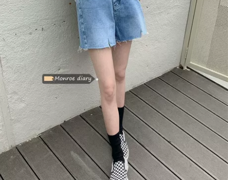 蓝色破洞牛仔裤女高腰短裤宽松直筒裤子202...