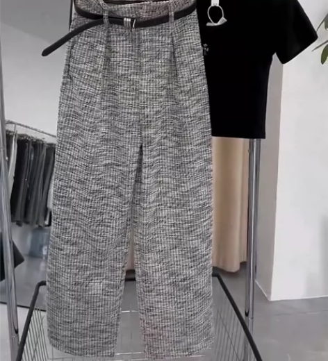 小香风复古高腰编织阔腿裤女春季新款垂坠感小...