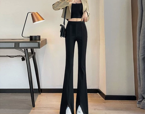 2023夏季新款前开叉弹力微喇叭裤女高腰显...