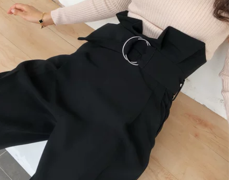 COCO 2018秋冬新款圆环扣黑色铅笔裤...