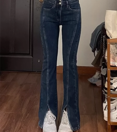 弹力开叉牛仔裤女直筒春季修身显瘦大码胖mm...