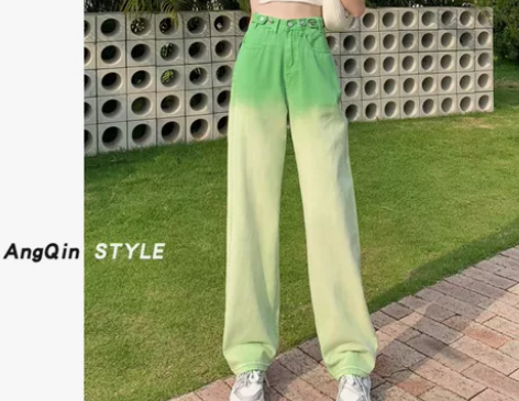 渐变绿色牛仔裤女2023年新款设计感小众夏...