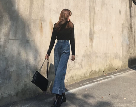 2018秋冬新款韩版高腰阔腿牛仔裤女宽松九...