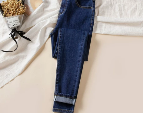 深蓝色牛仔裤女九分紧身2023春秋新款高腰...