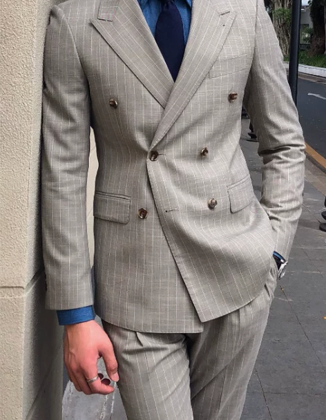 西装套装西装鹿三先生英伦复古男士条纹双排扣...