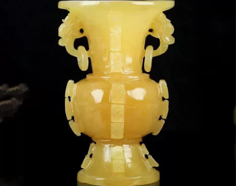 天然米黄玉双环花瓶摆件客厅电视柜桌面装饰工...